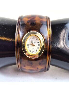 Vintage Vivani Faux Tortoise Shell Cuff Bracelet Watch Quartz Japan Movement